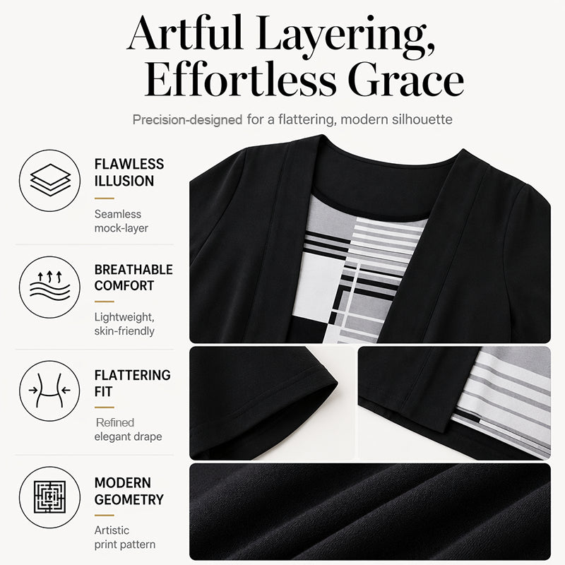 👚✨ Modern geometrikus mintás felső – Laza réteges hatás, selymes tapintás, XL–5XL-ig! 🌟💃