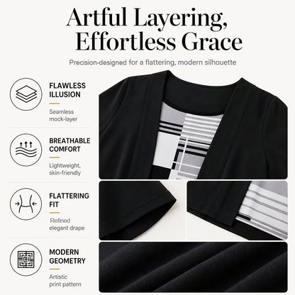 👚✨ Modern geometrikus mintás felső – Laza réteges hatás, selymes tapintás, XL–5XL-ig! 🌟💃
