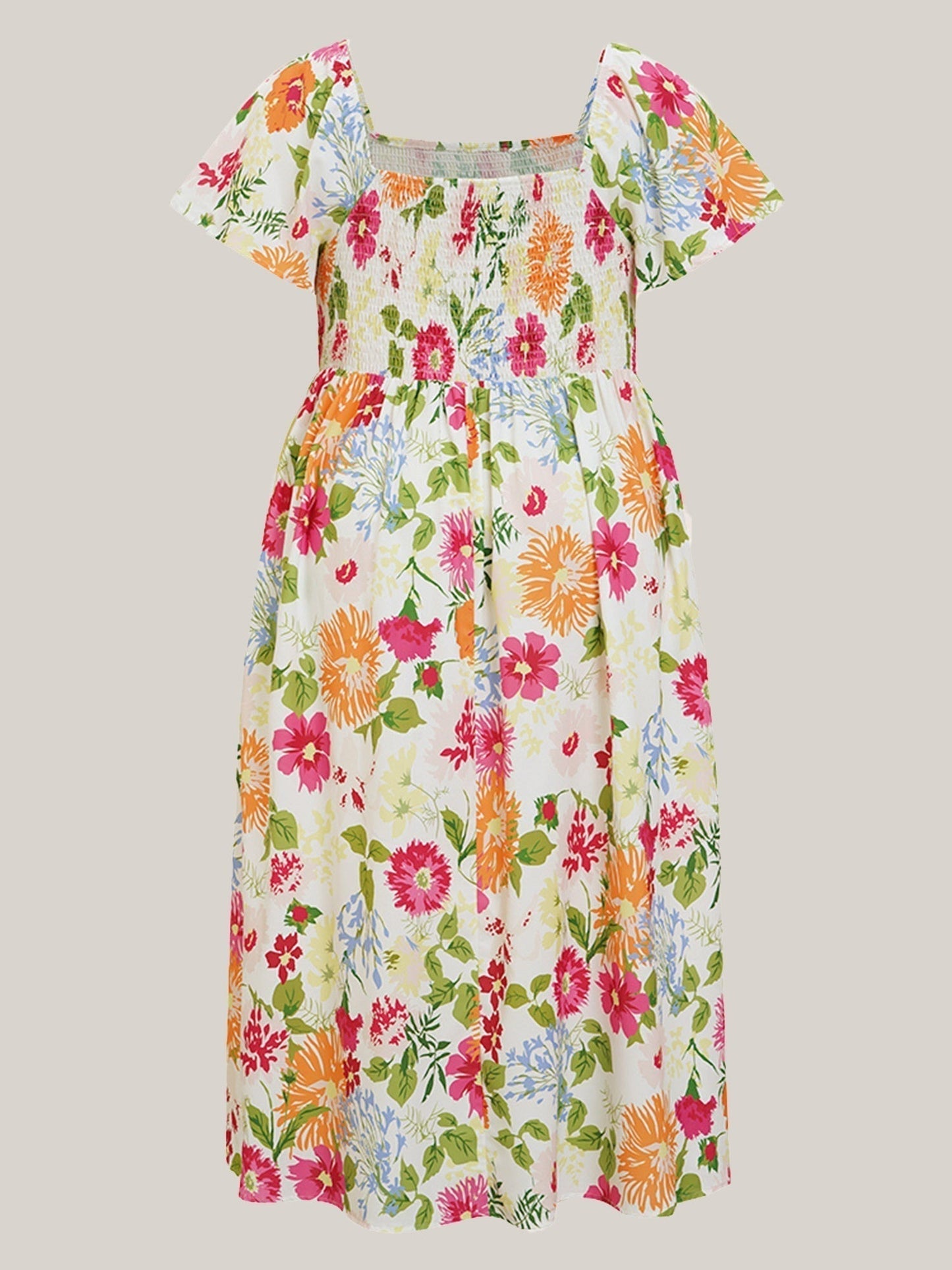 🎁Ingyenes ajándék🌸 Virágmintás midi ruha – Négyszögletű nyakkivágás + smockolt derék, ami téged néz ki！