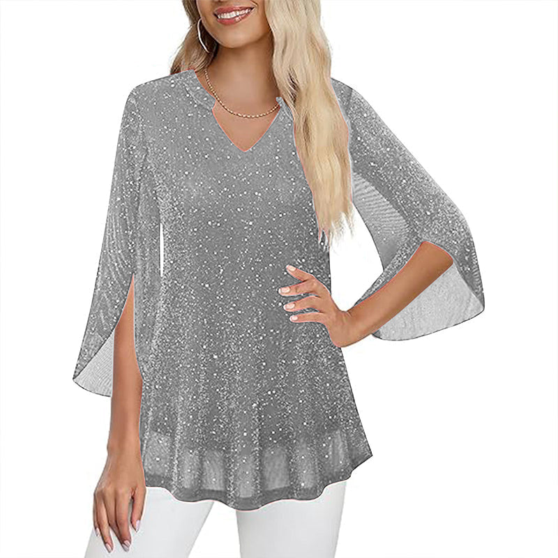 📿Ingyenes rózsa nyaklánc🌙💫 Glitter hálós V-nyakú felső – Csengő ujjakkal, laza szabással, S–5XL-ig, 8 színben! 💃🌟