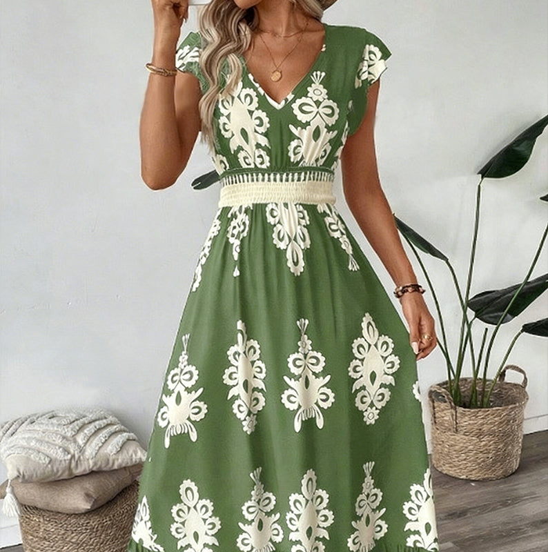 🎁Ingyenes ajándék -📿Gyönyörű nyaklánc🌿 Könnyű lélegző női hosszú ruha✨ V-nyakú barokk mintás maxi ruha – Magas derékkal, karcsúsító hatással minden alkalomra!