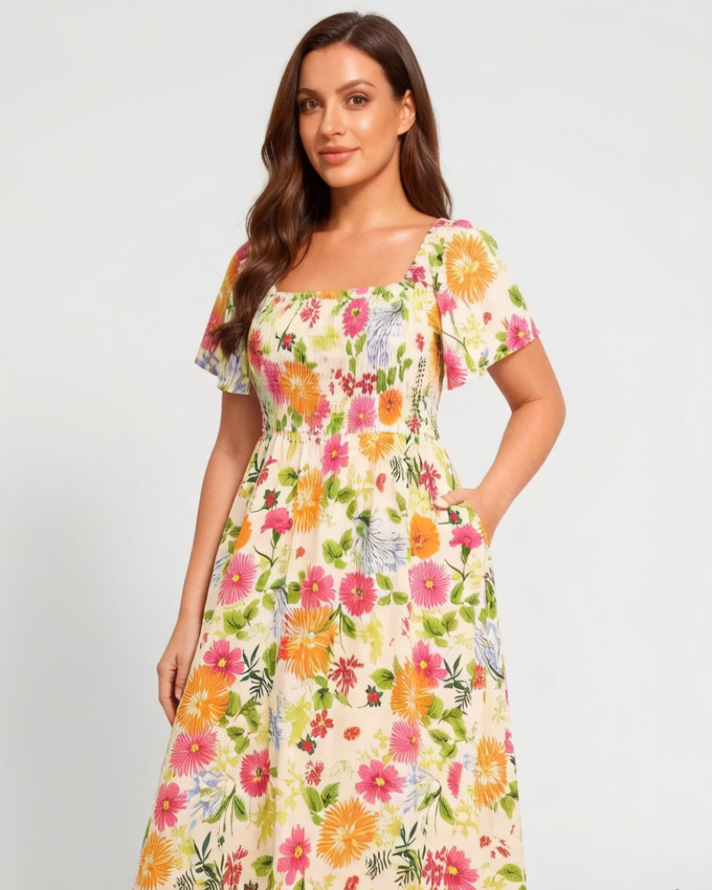 🎁Ingyenes ajándék🌸 Virágmintás midi ruha – Négyszögletű nyakkivágás + smockolt derék, ami téged néz ki！