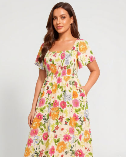 🎁Ingyenes ajándék🌸 Virágmintás midi ruha – Négyszögletű nyakkivágás + smockolt derék, ami téged néz ki！