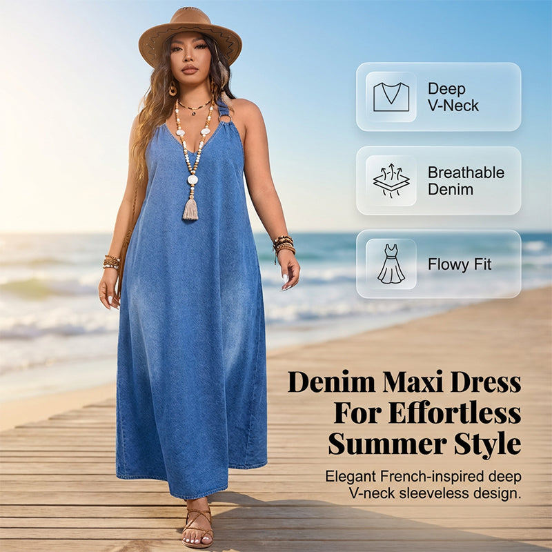 🎁Ingyenes ajándék -📿Gyönyörű nyaklánc☀️ Légáteresztő könnyű denim öltözet✨ Mély V-nyakú farmer maxi ruha – Racerback gyűrűs részlettel, francia elegancia!