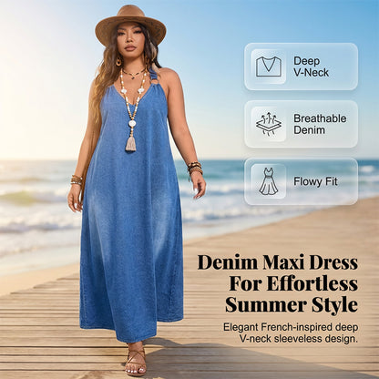 🎁Ingyenes ajándék -📿Gyönyörű nyaklánc☀️ Légáteresztő könnyű denim öltözet✨ Mély V-nyakú farmer maxi ruha – Racerback gyűrűs részlettel, francia elegancia!