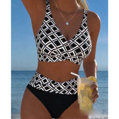 👙 Stílusos geometrikus minta + V-nyakkivágás – Magas derekú alsórész, kényelmes haskontroll🌴Rugalmas és légáteresztő!