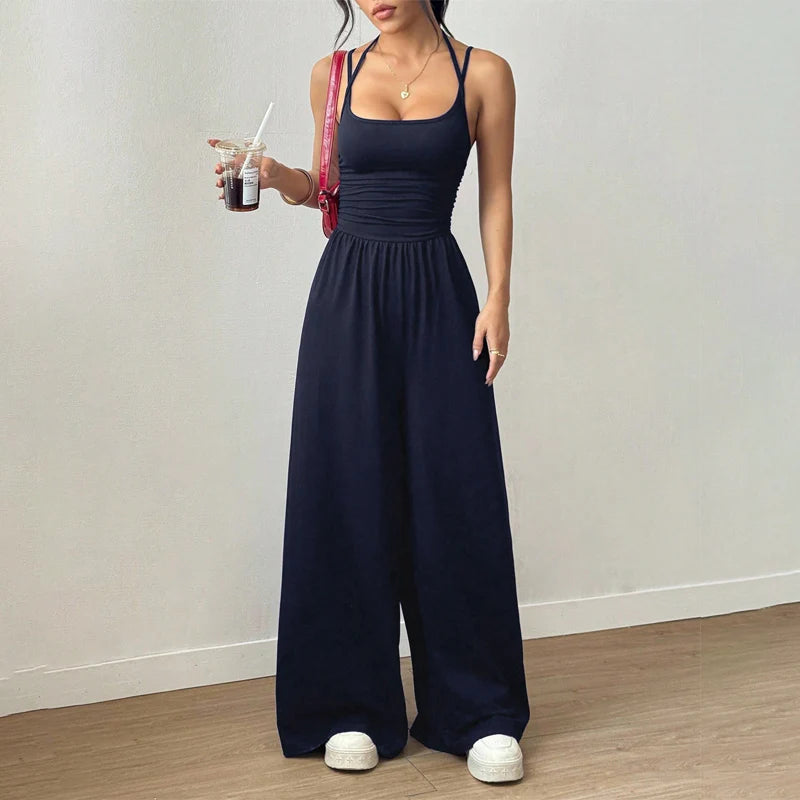 💥50% árcsökkentés 🎁Ingyenes ajándék-📿Gyönyörű nyaklánc🌿 Légáteresztő női együttes✨ Spagetti pántos jumpsuit – Magas derékú, széles szárú és stílusos!