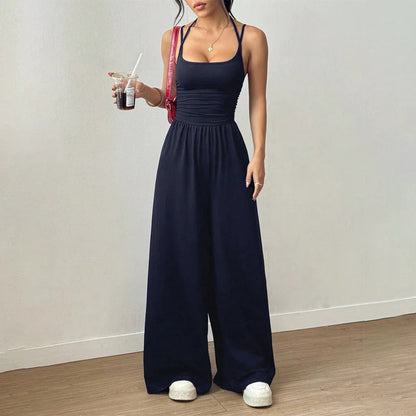 💥50% árcsökkentés 🎁Ingyenes ajándék-📿Gyönyörű nyaklánc🌿 Légáteresztő női együttes✨ Spagetti pántos jumpsuit – Magas derékú, széles szárú és stílusos!