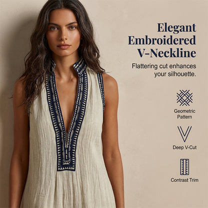 😍2026 tavaszi újdonságok🎉47% árcsökkentés🧶 Etnikai hímzéses pamut-len jumpsuit – Mély V-nyakú állógalléros, ujjatlan széles szárú kialakítás!☀️Laza szabás, természetes anyag, sokoldalú női viselet!