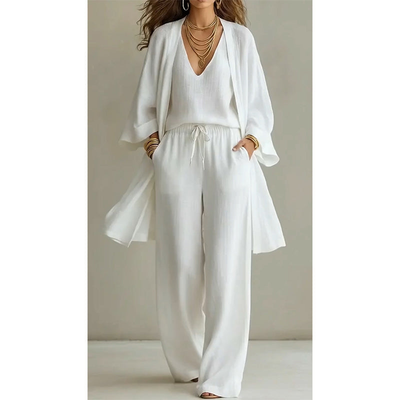 😍2026 tavaszi újdonságok🤍 Elegáns casual három darabos szett✨ Háromrészes laza női öltönyszett – Széles szárú nadrág + kardigán, légáteresztő prémium anyag!