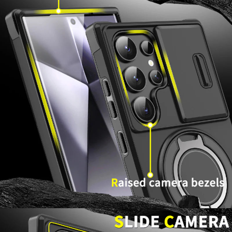 📱🔒Samsung 3 az 1-ben mágneses védőtok – kiemelt kamerafedél + állvány + teljes körű védelem.