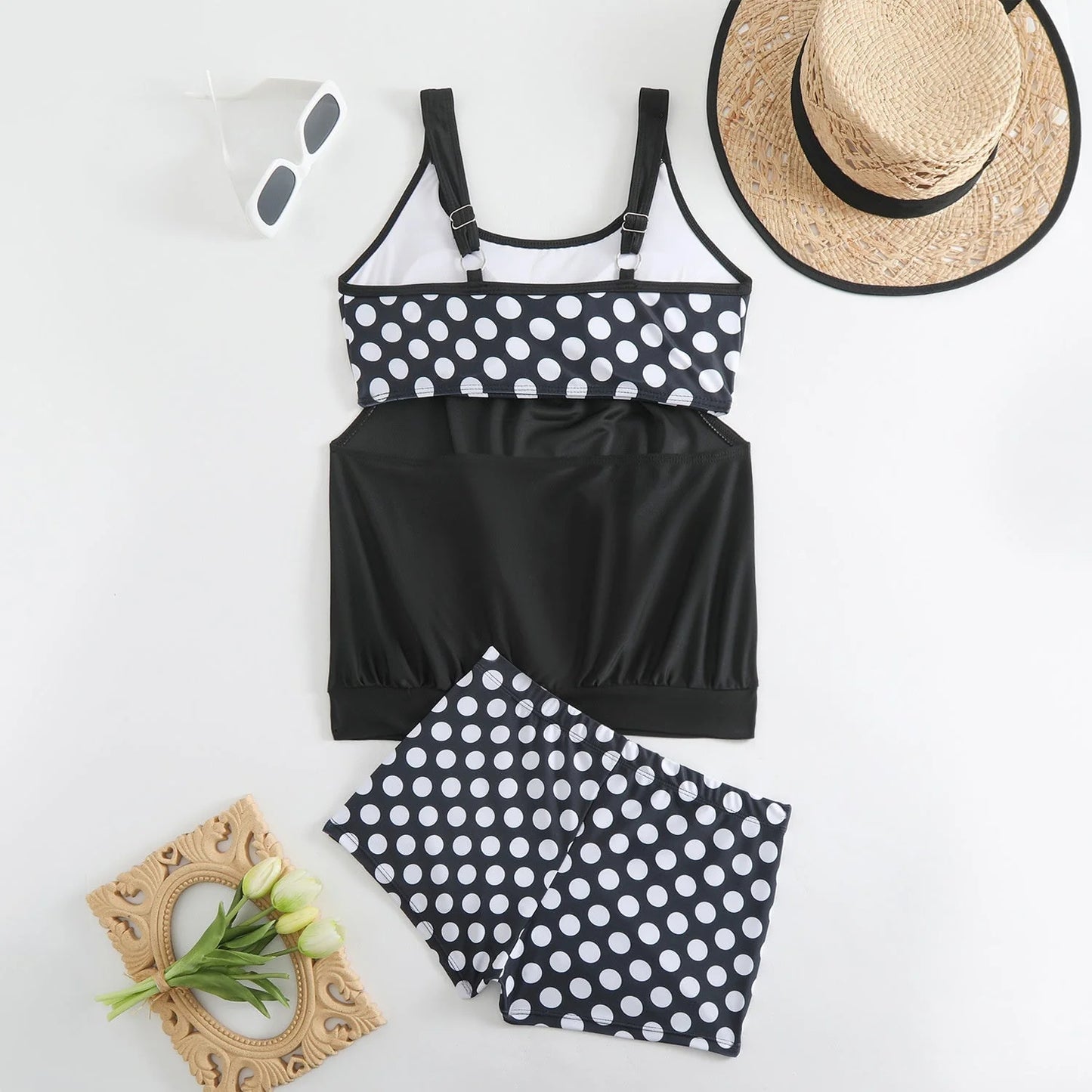 🥇👍Kiváló minőség, sok pozitív értékelés👙🌸 Pöttyös color-block kétrészes fürdőruha – Vidám stílus, finom ráncok, M–3XL-ig! 🌊✨