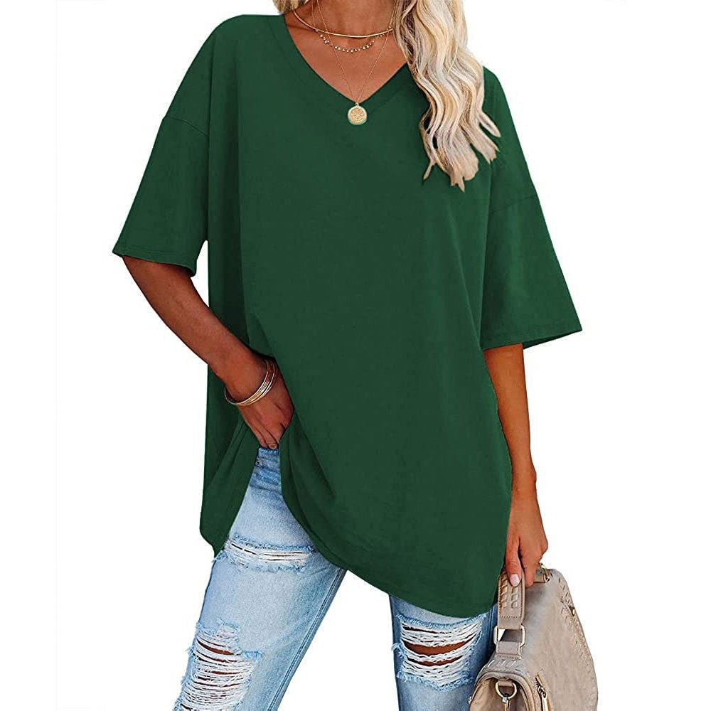 🎁Ingyenes ajándék👕 Laza szabású V-nyakú póló – Puha, könnyű, kényelmes🌸 Divatos, kiszélesedő szegély！