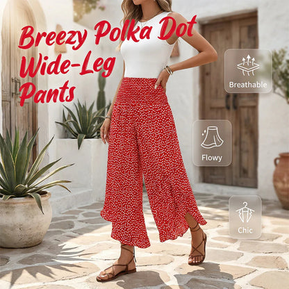 🎁Ingyenes ajándék-📿Gyönyörű nyaklánc💥50% árcsökkentés🌴Ruffle szegélyes trópusi nadrág🌺Pöttyös széles szárú női nadrág – Magas smockos derék, légáteresztő nyári kényelem！