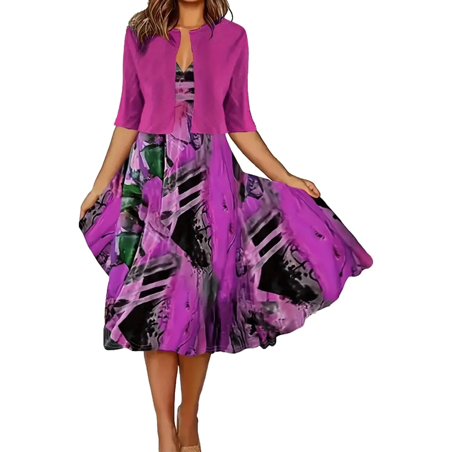 🎁Ingyenes ajándék-📿Gyönyörű nyaklánc👗🌸Két részes női szett – Kardigán + ujjatlan ruha, elegancka minden alkalomra!
