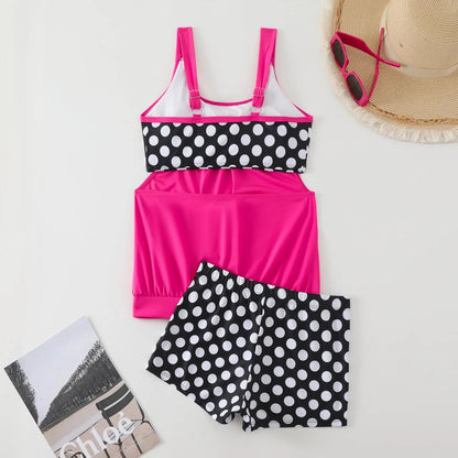 🥇👍Kiváló minőség, sok pozitív értékelés👙🌸 Pöttyös color-block kétrészes fürdőruha – Vidám stílus, finom ráncok, M–3XL-ig! 🌊✨