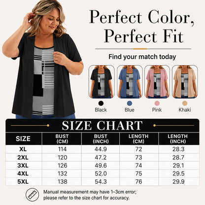 👚✨ Modern geometrikus mintás felső – Laza réteges hatás, selymes tapintás, XL–5XL-ig! 🌟💃