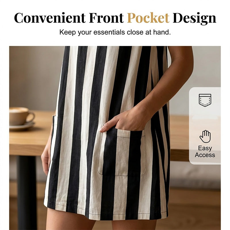 💥🎉50% árcsökkentés👗 Sikk csíkos retro miniruha🍃 Kiváló minőségű, légáteresztő anyagkeverék🌊 Laza, előnyös szabás💃