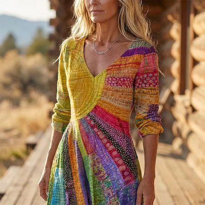 🎉💥50% árcsökkentés😍2026 tavaszi újdonságok✨ V-nyakú hosszú ujjas modell🌈 Patchwork nyomtatott női ruha – Egyedi művészi stílus, élénk színekkel!