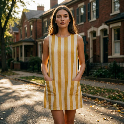 💥🎉50% árcsökkentés👗 Sikk csíkos retro miniruha🍃 Kiváló minőségű, légáteresztő anyagkeverék🌊 Laza, előnyös szabás💃