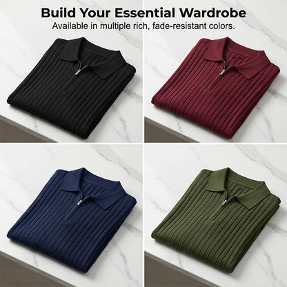 🎁Ingyenes ajándék-📿Gyönyörű karkötő✨ Bordás kötött prémium felső👕 Sportos sziluettű férfi póló – Állítható gallér + negyedzipper, sokoldalú mindennapokra!