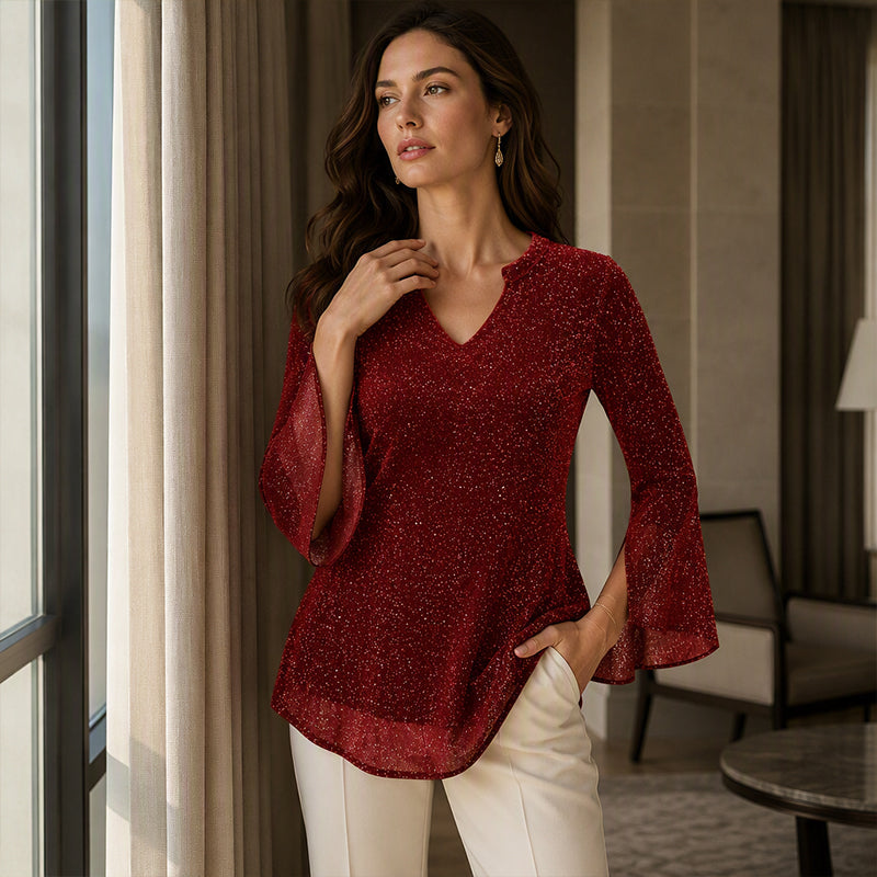 📿Ingyenes rózsa nyaklánc🌙💫 Glitter hálós V-nyakú felső – Csengő ujjakkal, laza szabással, S–5XL-ig, 8 színben! 💃🌟