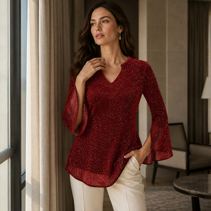 📿Ingyenes rózsa nyaklánc🌙💫 Glitter hálós V-nyakú felső – Csengő ujjakkal, laza szabással, S–5XL-ig, 8 színben! 💃🌟