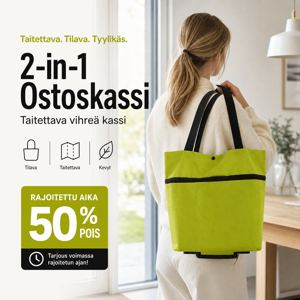🛒✨2 az 1-ben bevásárlószatyor, összecsukható zöld szatyor – Tökéletes bevásárláshoz! 🛍️💪