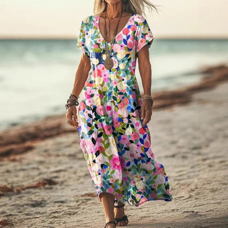 🎁Ingyenes gyönyörű nyaklánc🌸 Vintage virágmintás hosszú ruha – időtálló elegancija és nőies kényelem!