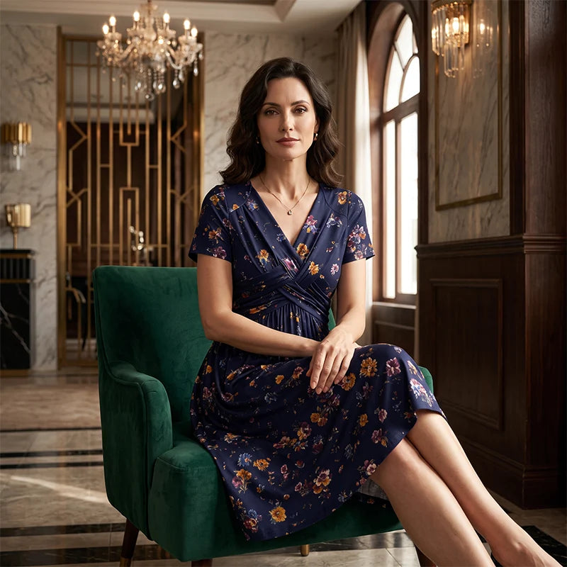🎁Ingyenes gyönyörű nyaklánc👗🌸 Virágmintás midi ruha– V-nyak, crossover elöl, elegáns drapírozás – Oldalzsebekkel, puha és légáteresztő anyagból 🌿✨