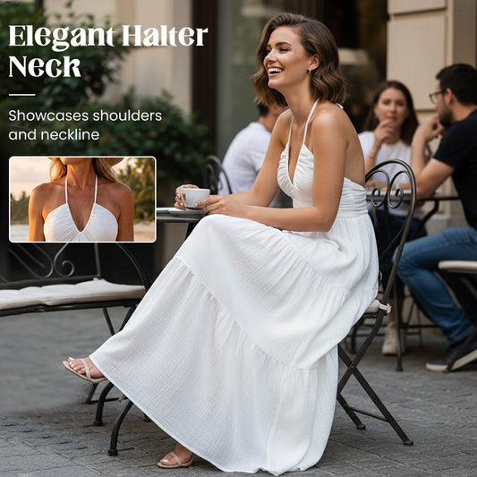 🎉50% árcsökkentés☀️ Könnyű nyári öltözet✨ Halter nyakú réteges ruha – Empire derékkal, hátul kötve, bohém és elegáns!