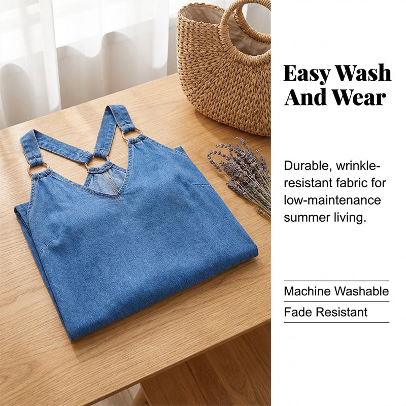 🎁Ingyenes ajándék -📿Gyönyörű nyaklánc☀️ Légáteresztő könnyű denim öltözet✨ Mély V-nyakú farmer maxi ruha – Racerback gyűrűs részlettel, francia elegancia!