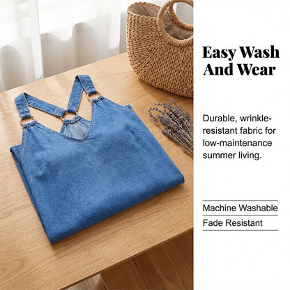 🎁Ingyenes ajándék -📿Gyönyörű nyaklánc☀️ Légáteresztő könnyű denim öltözet✨ Mély V-nyakú farmer maxi ruha – Racerback gyűrűs részlettel, francia elegancia!