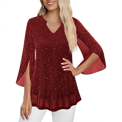📿Ingyenes rózsa nyaklánc🌙💫 Glitter hálós V-nyakú felső – Csengő ujjakkal, laza szabással, S–5XL-ig, 8 színben! 💃🌟