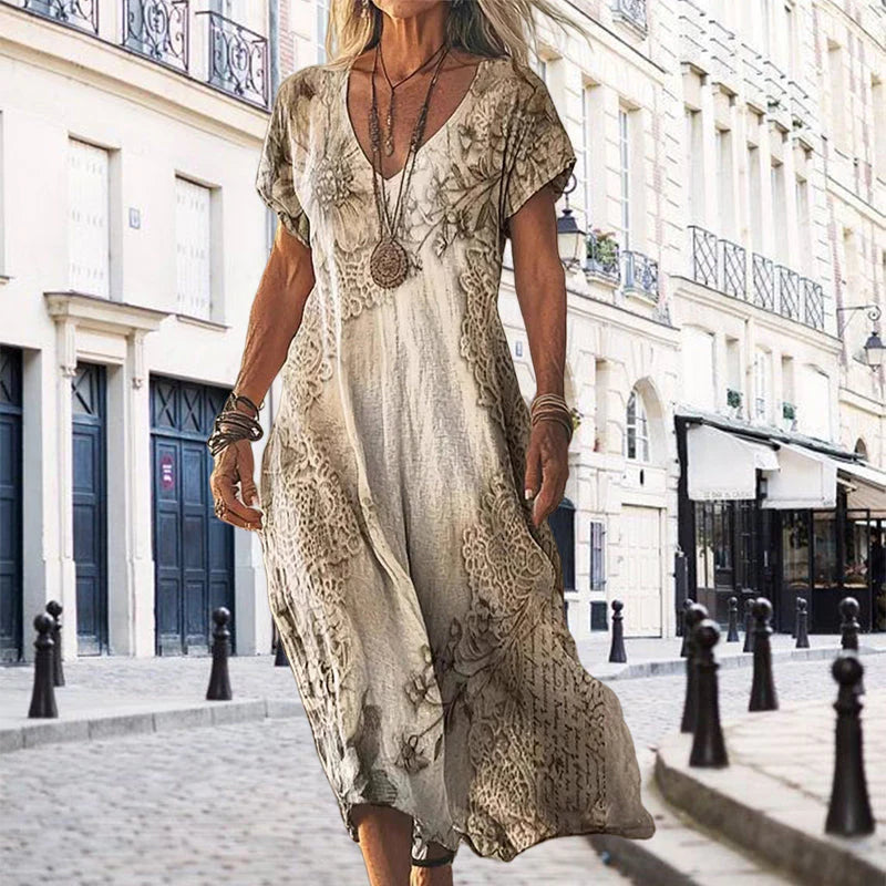 🎁Ingyenes gyönyörű nyaklánc🌸 Vintage virágmintás hosszú ruha – időtálló elegancija és nőies kényelem!