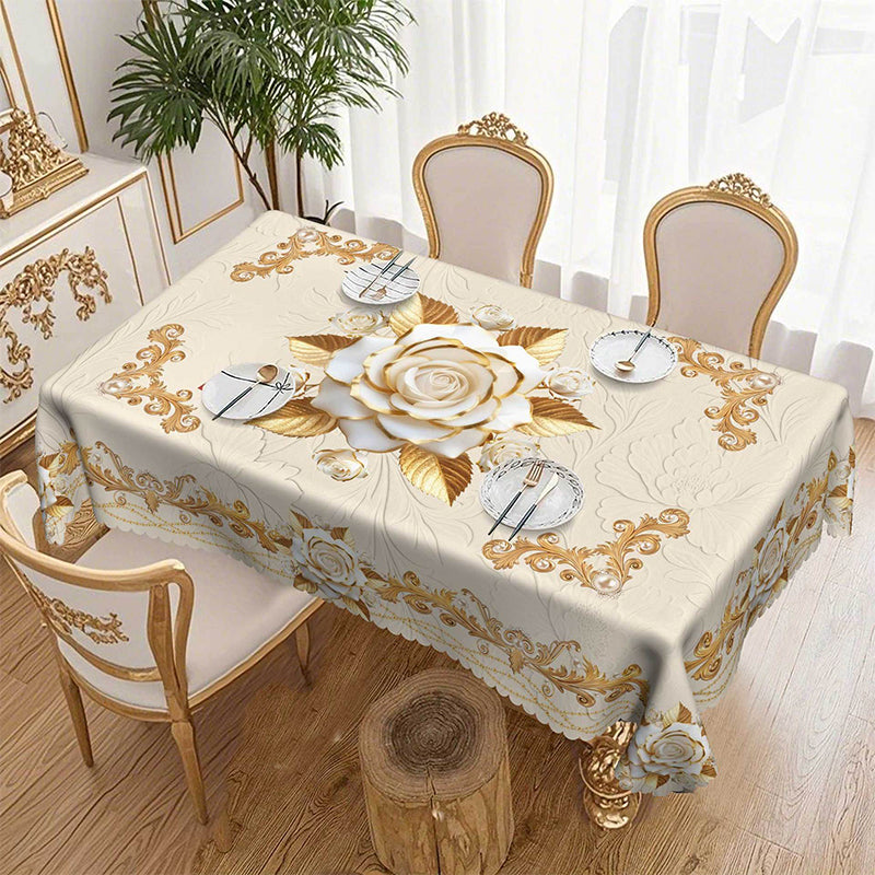 🌿💃 Luxus rózsaszín-arany mintás asztalterítő – Vízzáró, kopásálló poliészter, 4 méretben! 🛍️🌟