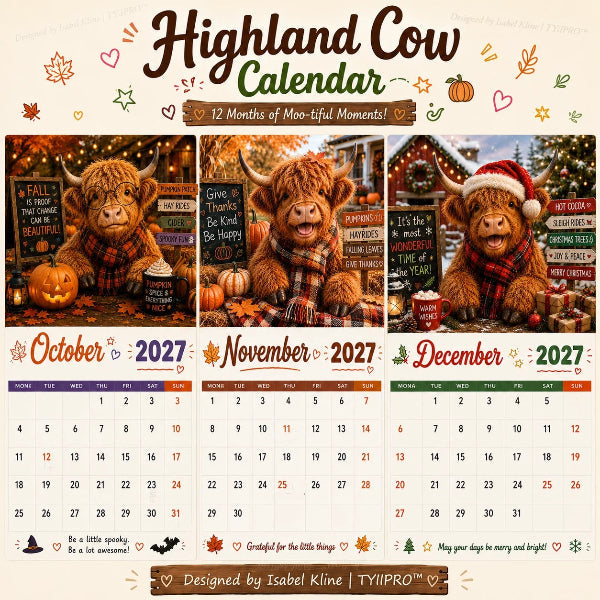 🐮📅 2027-es Highlandko fali naptár – 12 bájos illusztráció, prémium A4-es kivitel, tökéletes ajándék állatbarátoknak! 🌿✨