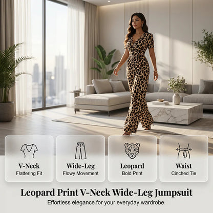 🎁⏰Az utolsó 50 darab Ingyenes ajándék🌿Légies kevert anyagú együttes✨V-nyakú elegáns jumpsuit – Kiemelt derék + széles láb, nőies homokóra alak!