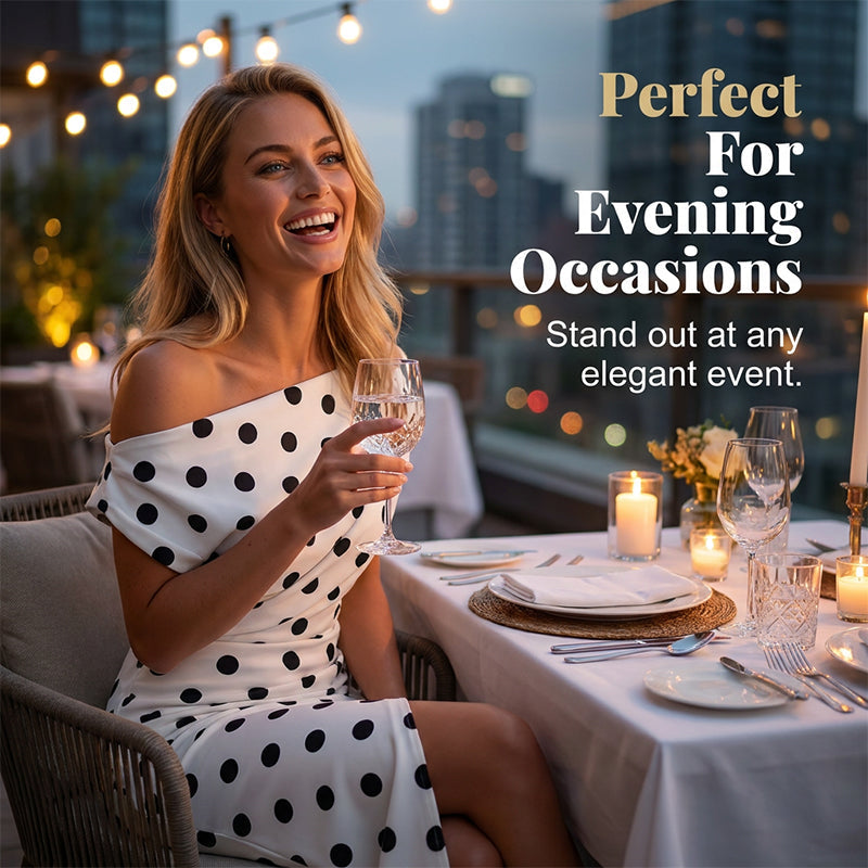 👗🌸 Aszimmetrikus nyakkivágású polka-dot midi ruha – Elegáns hasítékkal, alakkövető szabással, S–2XL-ig! ✨💫