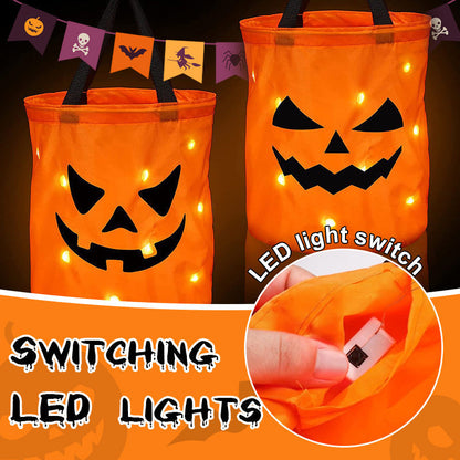 🎃✨Világító tök alakú édességes táska – LED-del, tágas belsővel – Tökéletes Halloweenre! 🍬👻