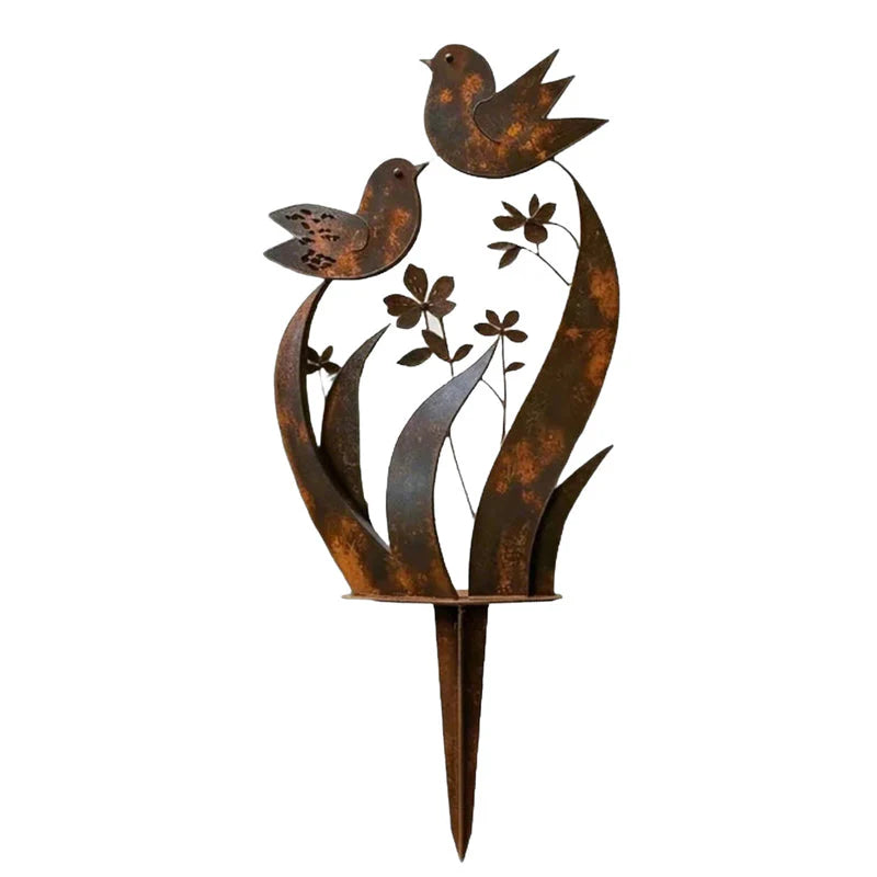 🌿 Rusztikus fém kerti cövek🐦 Virág-madár mintás díszcövek – Tartós kerti díszelem!