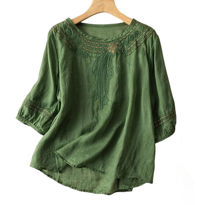📿Ingyenes gyönyörű nyaklánc🌸 Gyönyörű hímzés és kivágások – Elegáns környakkivágás, laza lengő szabás – 👚Lélegző pamut-len keverék!
