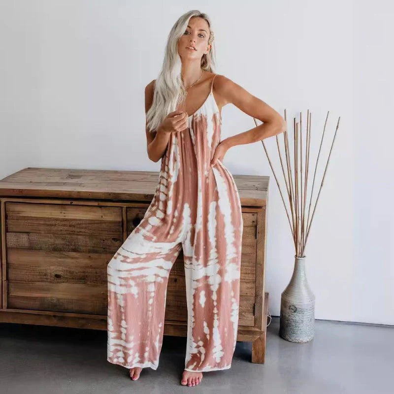 📿Ingyenes gyönyörű nyaklánc☀️ Ujjatlan, légies női együttes🌈 Batikolt & nyomatos spagetti pántos jumpsuit – Laza, széles szárú és nyári kényelem!