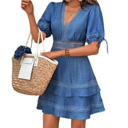 📿Ingyenes gyönyörű nyaklánc👗🌸 Elegáns V-nyakú vintage ruha nőknek👑Csipke, bő ujj, karcsúsító derék！