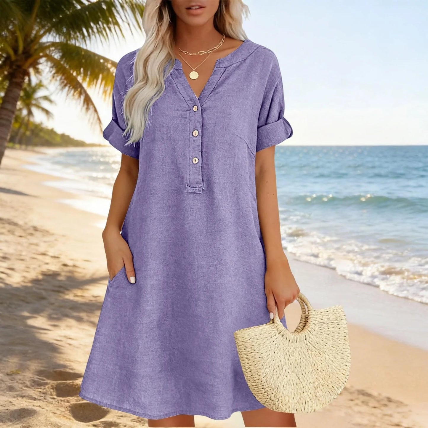 🎁📿Ingyenes gyönyörű nyaklánc🏖️AKCIÓ: 50% KEDVEZMÉNY! 👗 Női V-nyakú tunika ruha – laza szabás, zsebekkel és lélegző anyagból！