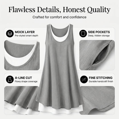 📿Ingyenes rózsa nyaklánc👗✨ Hamis kétrészes ujjatlan ruha – Stílusos rétegeffektus, laza szabás, 4 színben! 💫🌸