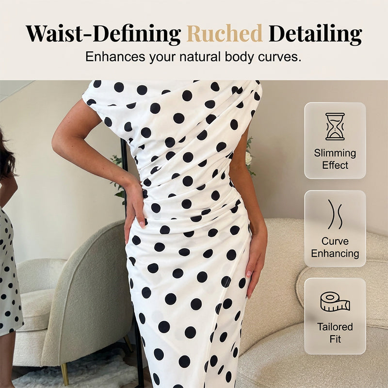 👗🌸 Aszimmetrikus nyakkivágású polka-dot midi ruha – Elegáns hasítékkal, alakkövető szabással, S–2XL-ig! ✨💫