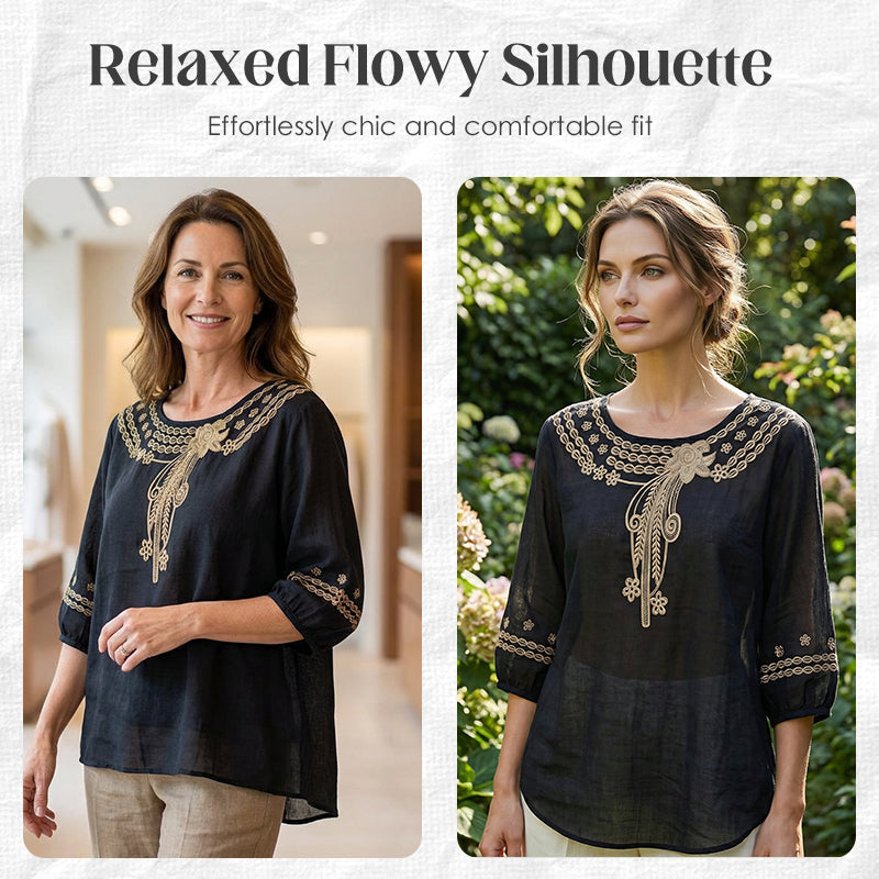 📿Ingyenes gyönyörű nyaklánc🌸 Gyönyörű hímzés és kivágások – Elegáns környakkivágás, laza lengő szabás – 👚Lélegző pamut-len keverék!