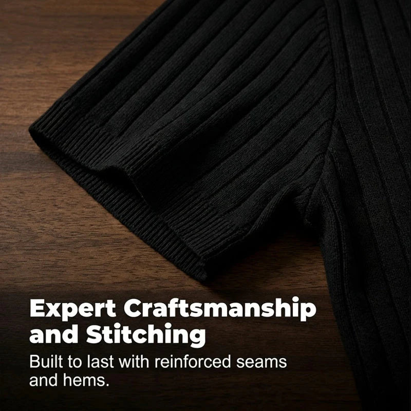 🎁Ingyenes ajándék-📿Gyönyörű karkötő✨ Bordás kötött prémium felső👕 Sportos sziluettű férfi póló – Állítható gallér + negyedzipper, sokoldalú mindennapokra!