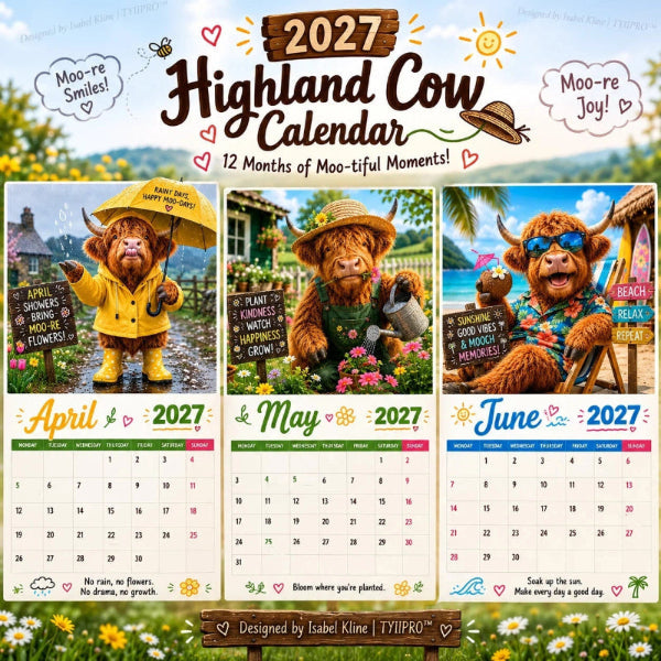 🐮📅 2027-es Highlandko fali naptár – 12 bájos illusztráció, prémium A4-es kivitel, tökéletes ajándék állatbarátoknak! 🌿✨